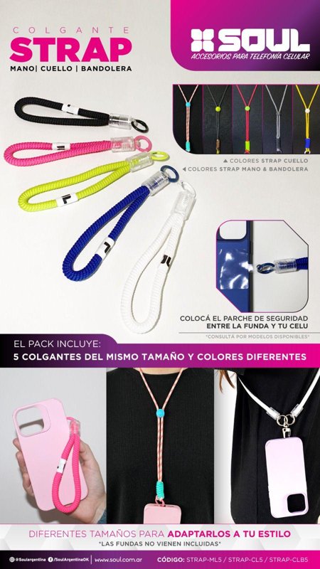 CORREA DE CUELLO SOUL LAZO BANDOLERA COLOR PACK X 5