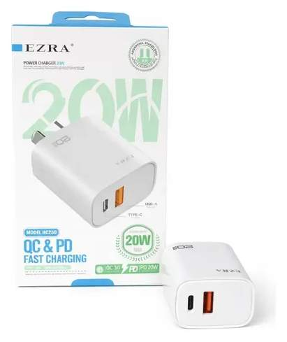 CARGADOR VIAJERO EZRA FAST PD+USB 20W CABLE USB-C