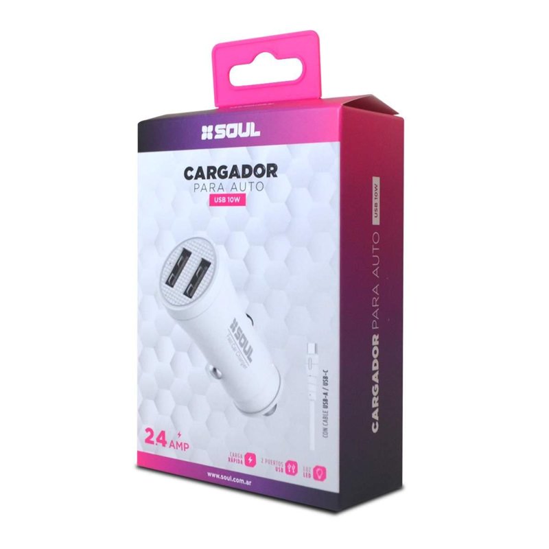 CARGADOR AUTO SOUL USB X2 2.4A 10W CABEZAL S/CABLE